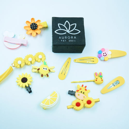 Yellow Hair Clips | Kids Collection | Flower Design | 14 pcs in 1 packet | B27