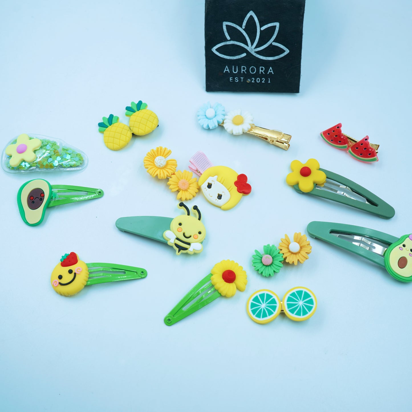 Cute Yellow and Green Hair Clips Collection | Flower Design | 14 pcs in 1 packet | B53